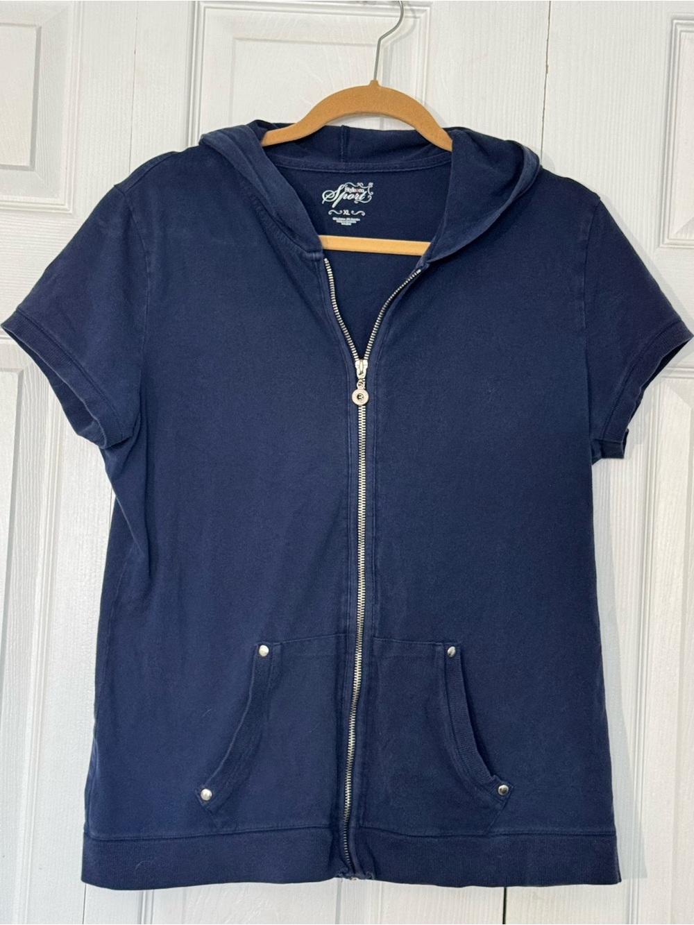 Style & Co Sport Navy Blue Short Sleeve Zip Up Hoodie
